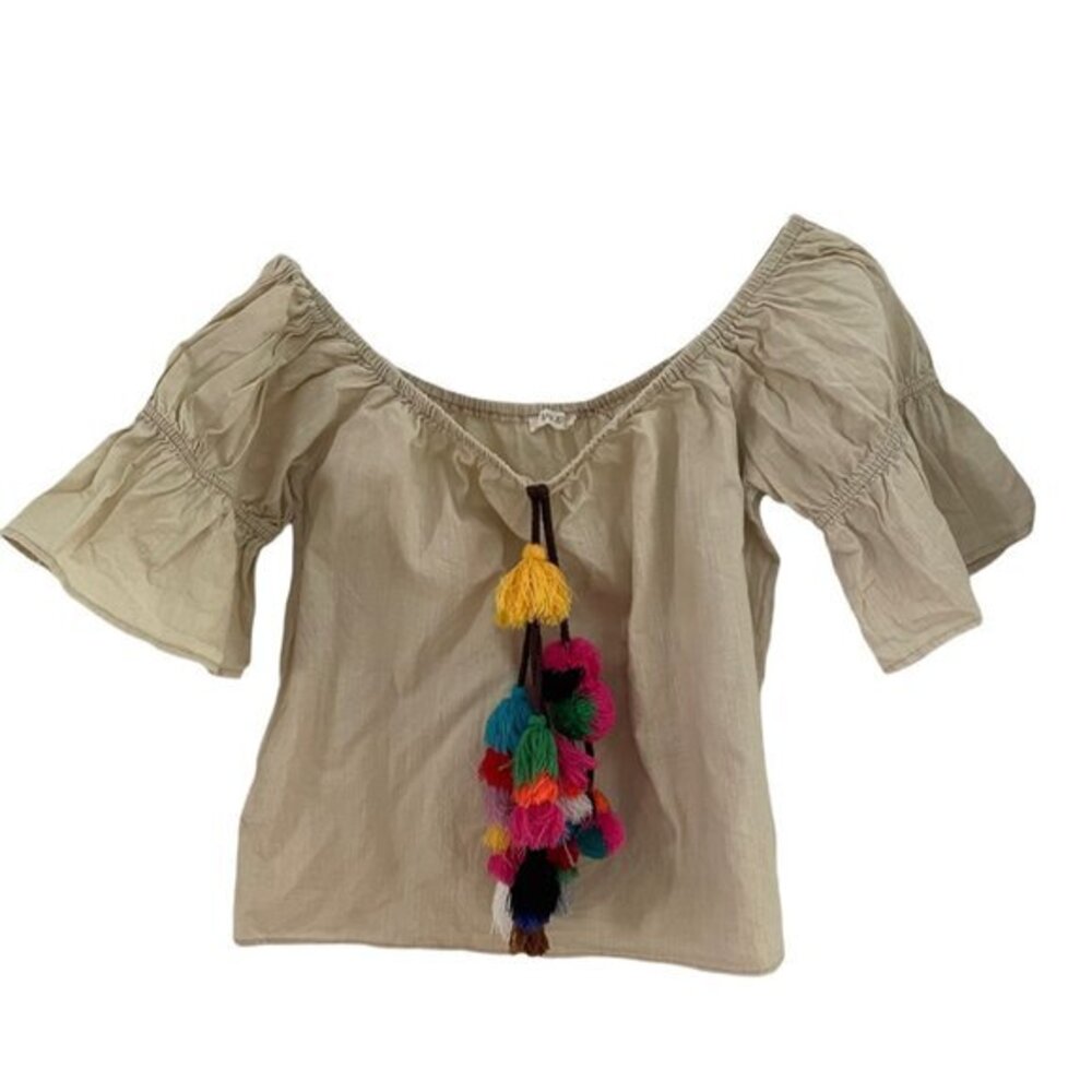 San Joy‎ Off The Shoulder Bell Sleeve Tassel Top Beige Boho Festival